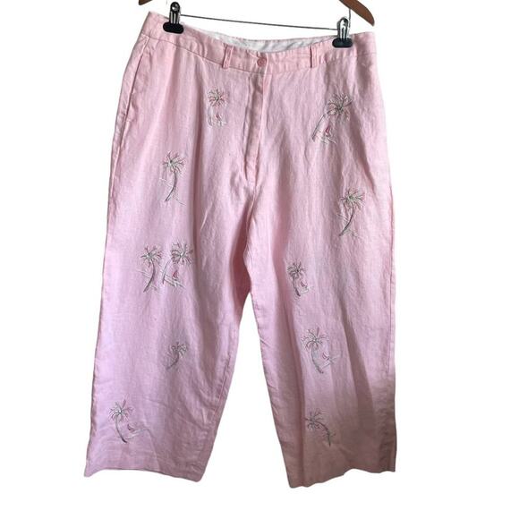 Saint Tropez West Women 16 Pink Linen‎ Crop Pants Palm Tree Print Beachy Coastal - Picture 1 of 8
